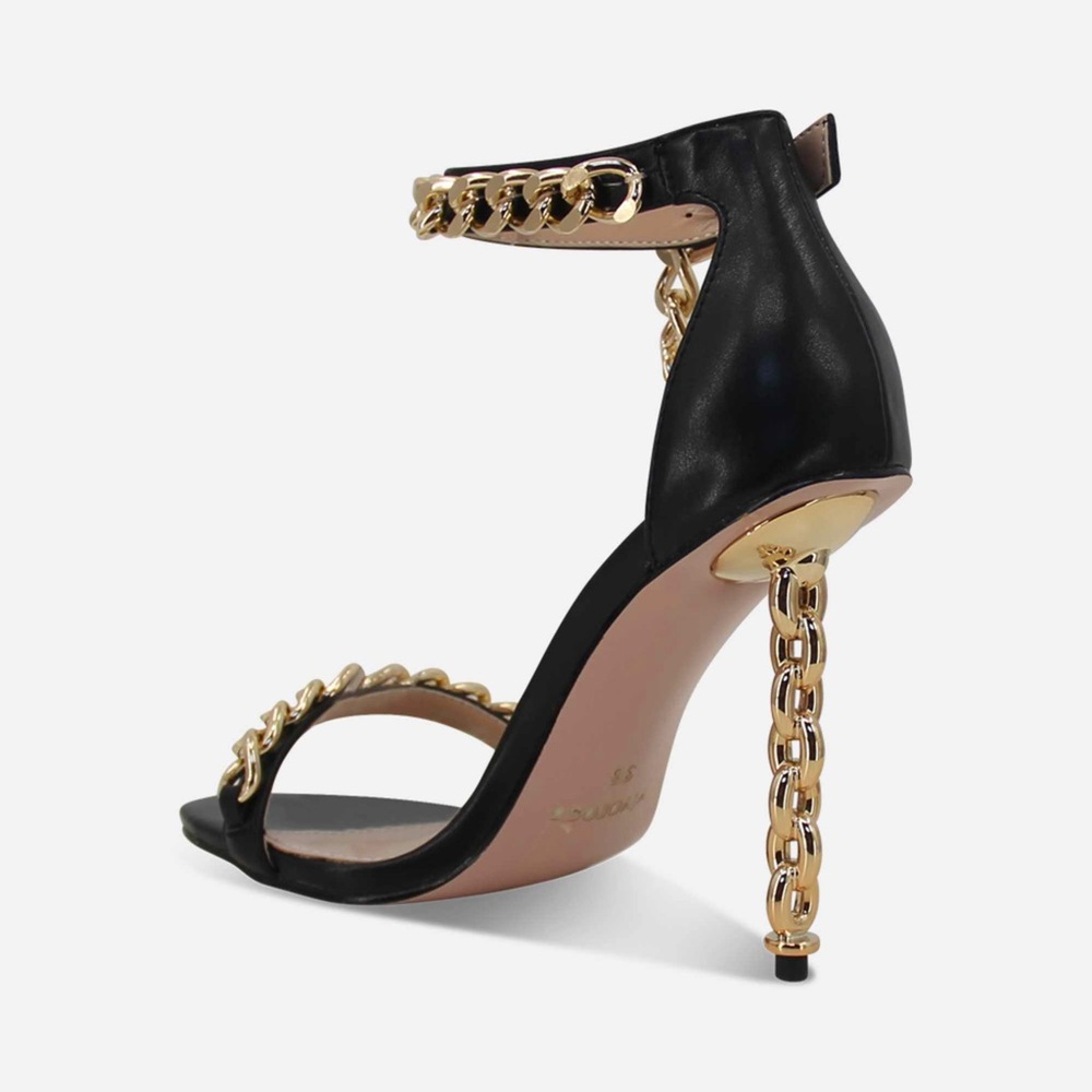 Women’s Ankle Strap Gold Chain Detail High Heel Sandal in Black Faux Leather - Picture 4 of 16